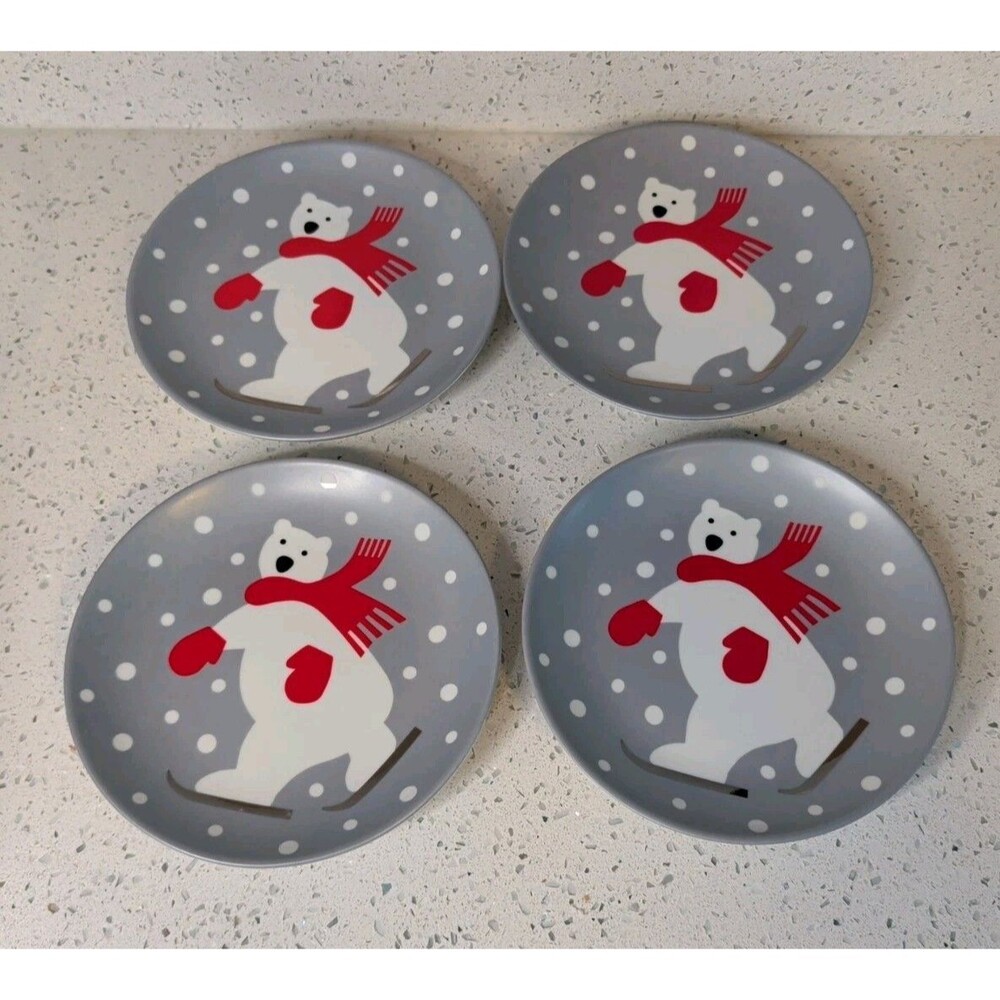 Set Of 4 Crate & Barrel Polar Bear Plates Dessert Holiday Ice Skating Grey